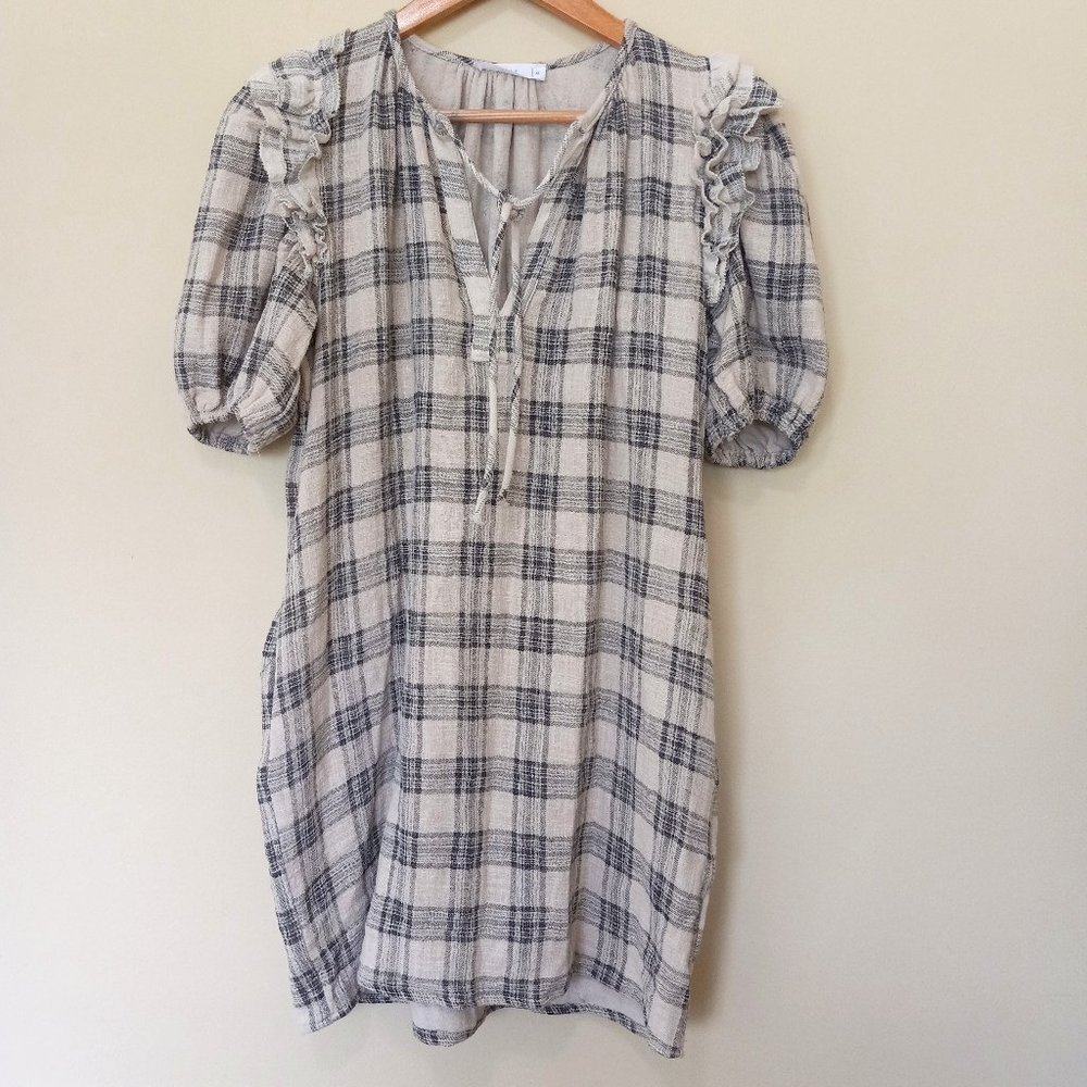 Talulah Women's Beige Black Plaid Shift Cotton Side Pockets Dress Size S